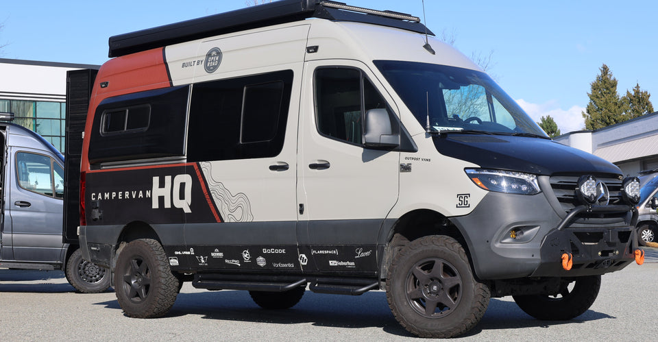 Running boards installed along the side of a Mercedes-Benz Sprinter
