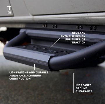 Hexagon running board installed beneath a Sprinter van door
