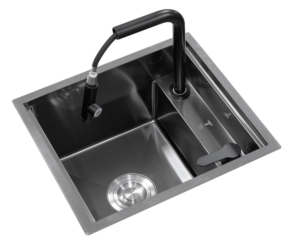 Black Tec Vanlife camper sink with its retractable pull-out faucet raised