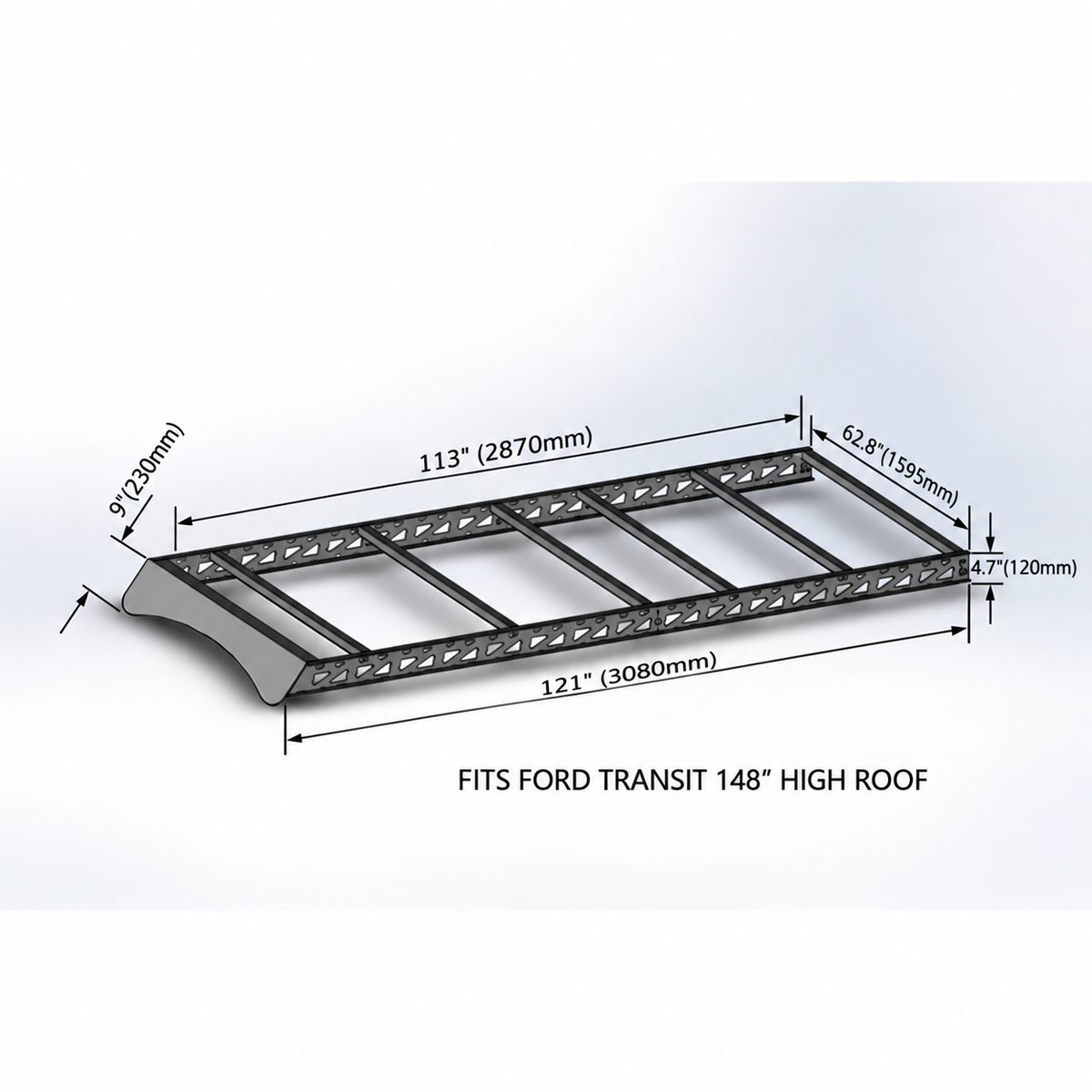 Ford Transit 148 High Roof non-extended roof rack dimension diagram, 3080 mm overall length and 1595 mm width. Not for 130, Mid Roof or 148 EXT racks.