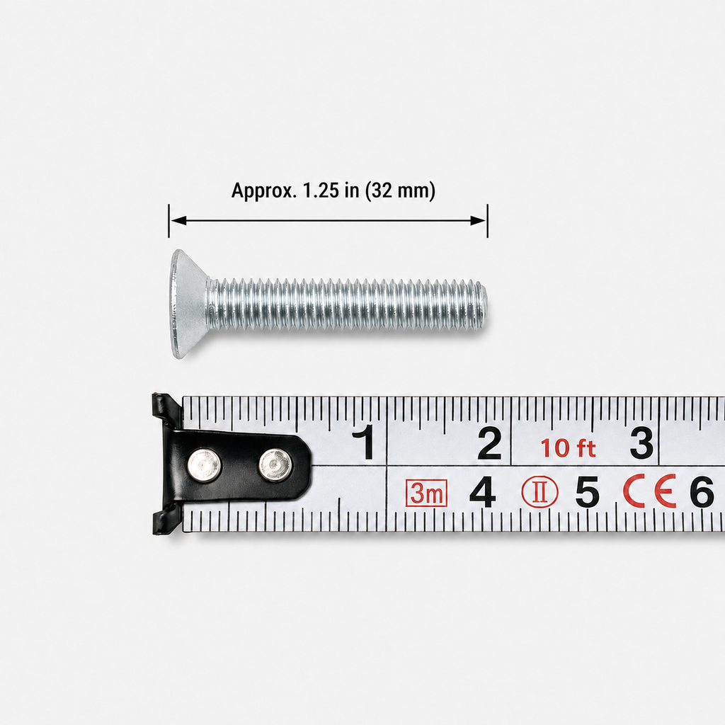 Silver tapered flat-head L-track screw measuring approximately 32 mm