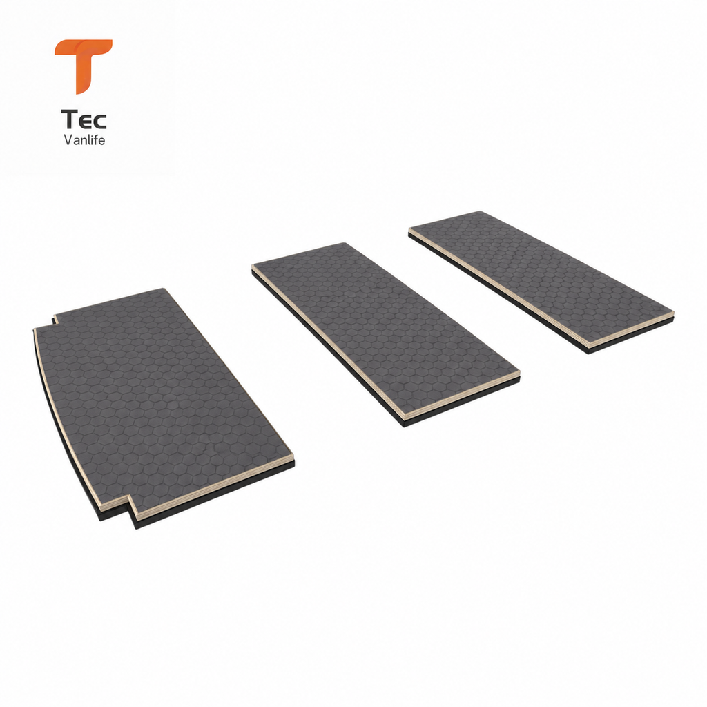 Three-panel bed frames with fitted hex plywood tops — product rendering