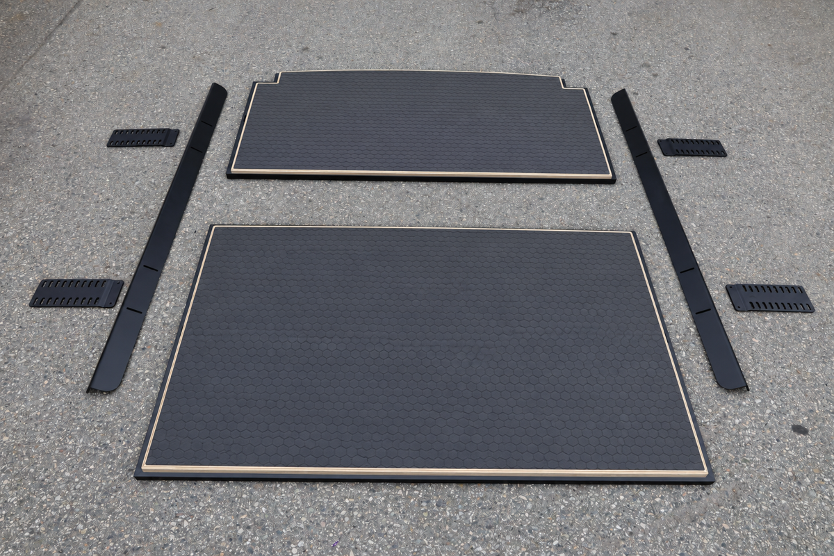 Two-panel bed system with fitted hex plywood tops, mounting rails and four brackets — product rendering